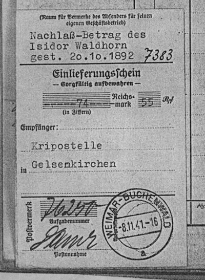 �berweisungsbeleg Nachlass Isidor Waldhorn